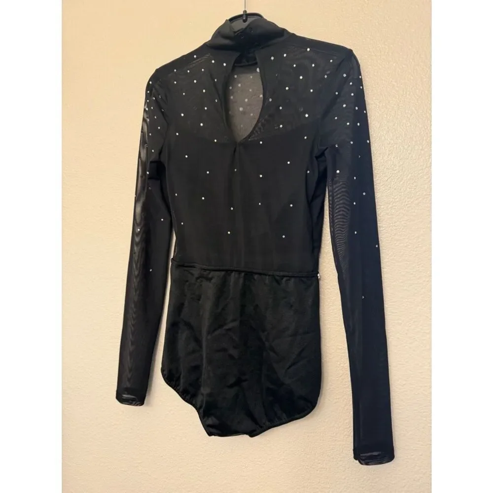 WEISSMAN Dance Costume black rhinestone crystal leotard illusion BOOM 14096 SA